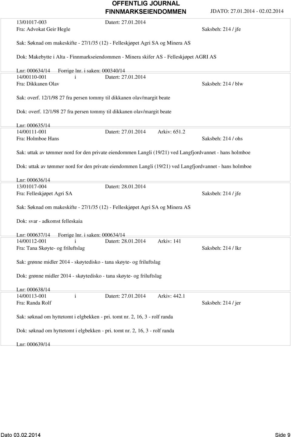 2014 Fra: Advokat Geir Hegle Sak: Søknad om makeskifte - 27/1/35 (12) - Felleskjøpet Agri SA og Minera AS Dok: Makebytte i Alta - Finnmarkseiendommen - Minera skifer AS - Felleskjøpet AGRI AS Lnr: