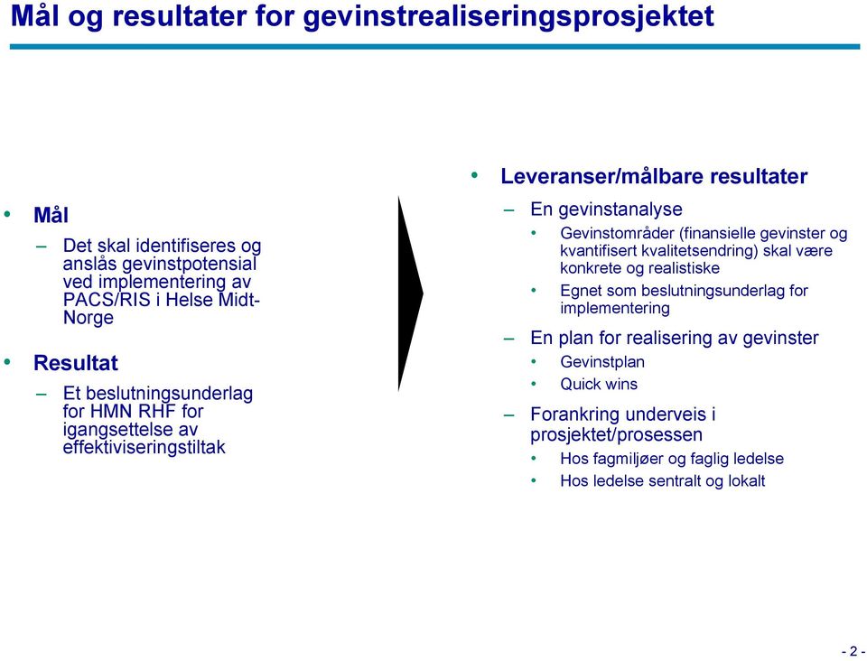 Gevinstområder (finansielle gevinster og kvantifisert kvalitetsendring) skal være konkrete og realistiske Egnet som beslutningsunderlag for implementering