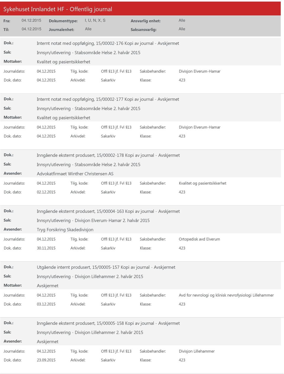 dato: Arkivdel: Sakarkiv Inngående eksternt produsert, 15/00002-178 Kopi av journal - Innsyn/utlevering - Stabsområde Helse 2.