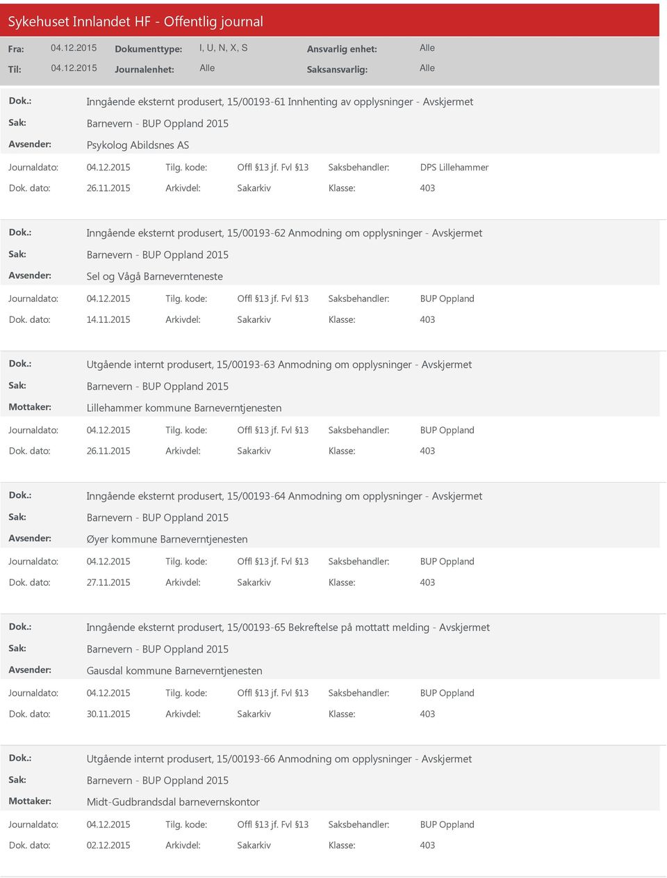 2015 Arkivdel: Sakarkiv tgående internt produsert, 15/00193-63 Anmodning om opplysninger - Barnevern - BP Oppland 2015 Lillehammer kommune Barneverntjenesten BP Oppland Dok. dato: 26.11.