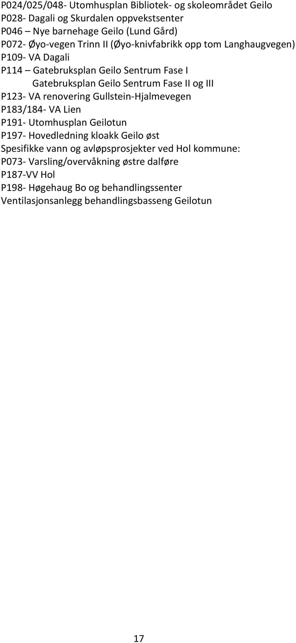 VA renovering Gullstein-Hjalmevegen P183/184- VA Lien P191- Utomhusplan Geilotun P197- Hovedledning kloakk Geilo øst Spesifikke vann og avløpsprosjekter