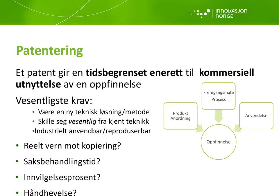 løsning/metode Skille seg vesentlig fra kjent teknikk Industrielt