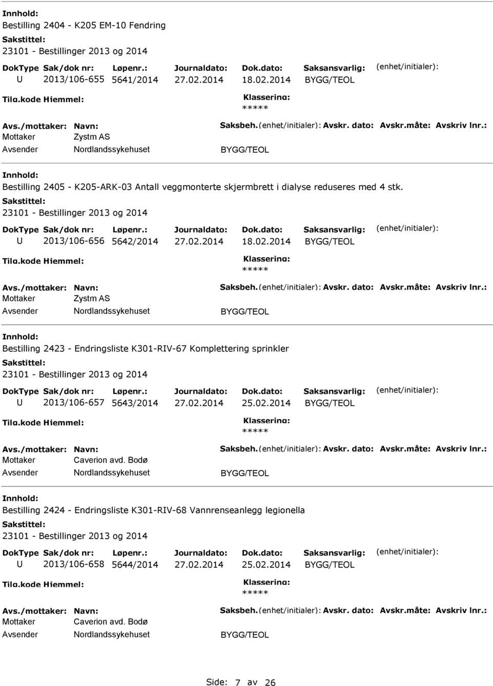 dato: Avskr.måte: Avskriv lnr.: Mottaker Zystm AS Bestilling 2423 - Endringsliste K301-RV-67 Komplettering sprinkler 2013/106-657 5643/2014 Avs./mottaker: Navn: Saksbeh. Avskr. dato: Avskr.