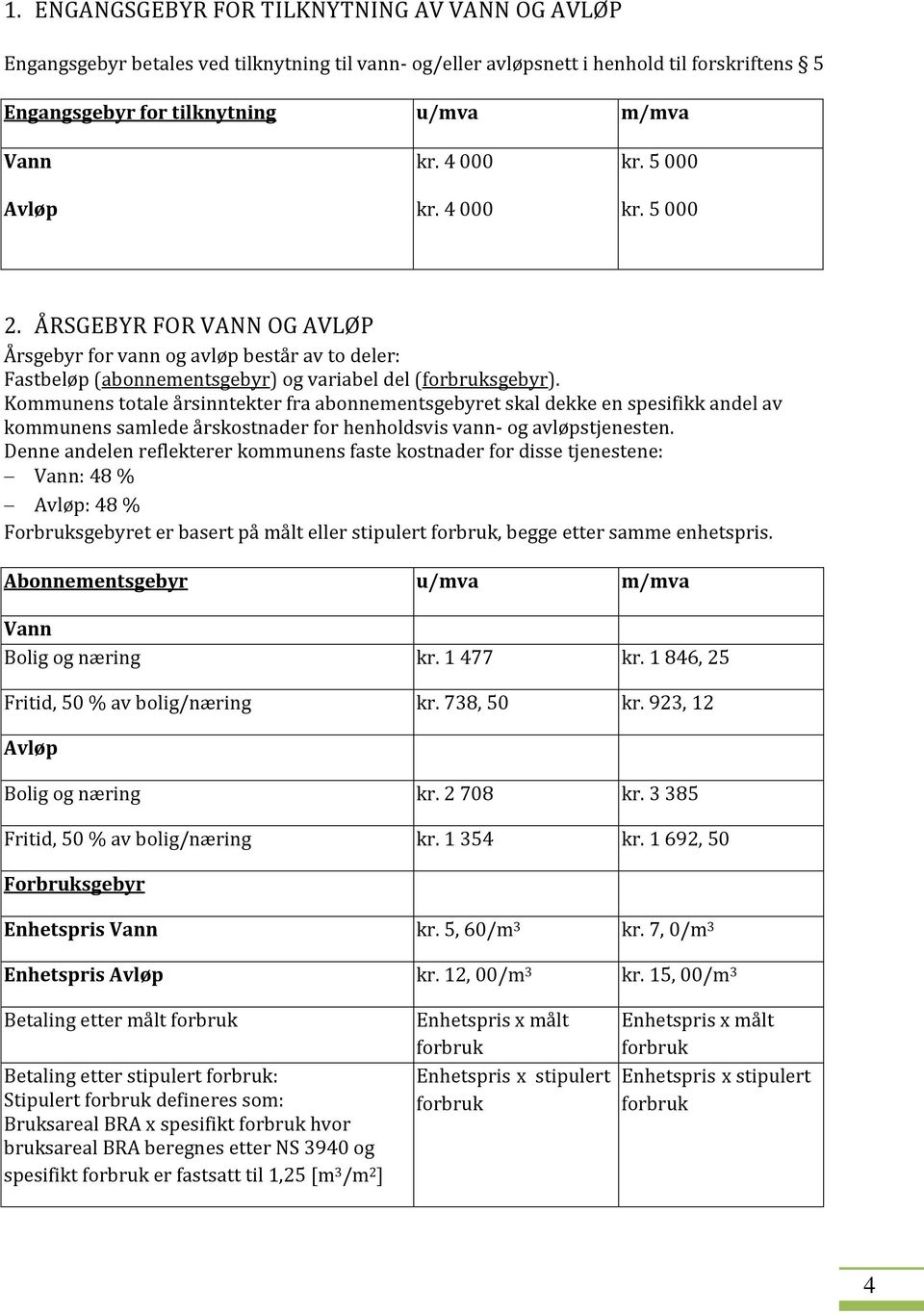 Kommunens totale årsinntekter fra abonnementsgebyret skal dekke en spesifikk andel av kommunens samlede årskostnader for henholdsvis vann- og avløpstjenesten.