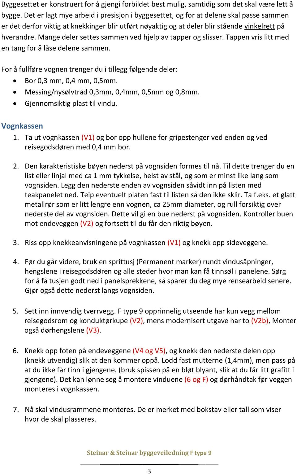 Mange deler settes sammen ved hjelp av tapper og slisser. Tappen vris litt med en tang for å låse delene sammen. For å fullføre vognen trenger du i tillegg følgende deler: Bor 0,3 mm, 0,4 mm, 0,5mm.