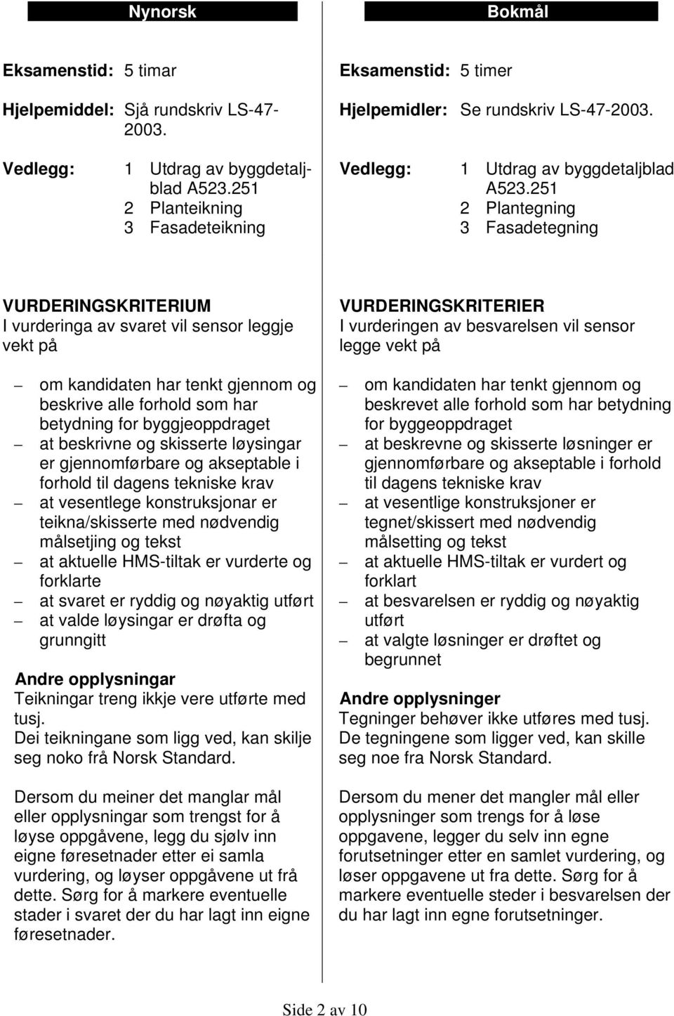 251 2 Plantegning 3 Fasadetegning VURDERINGSKRITERIUM I vurderinga av svaret vil sensor leggje vekt på om kandidaten har tenkt gjennom og beskrive alle forhold som har betydning for byggjeoppdraget