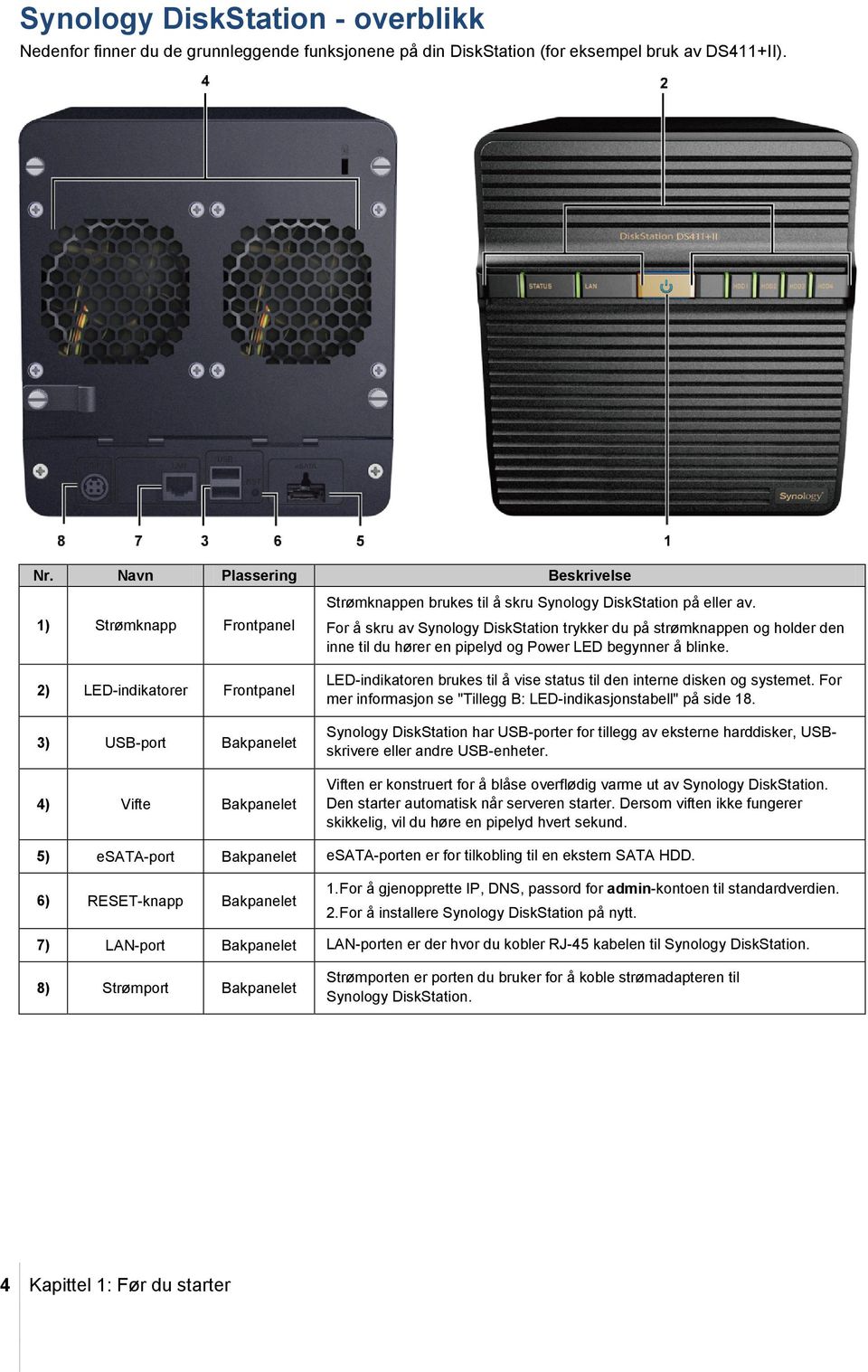 For å skru av Synology DiskStation trykker du på strømknappen og holder den inne til du hører en pipelyd og Power LED begynner å blinke.