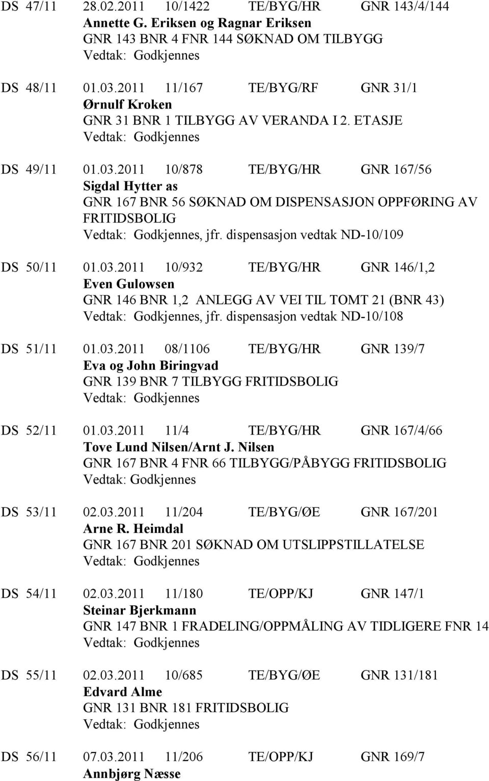 2011 10/878 TE/BYG/HR GNR 167/56 Sigdal Hytter as GNR 167 BNR 56 SØKNAD OM DISPENSASJON OPPFØRING AV FRITIDSBOLIG, jfr. dispensasjon vedtak ND-10/109 DS 50/11 01.03.