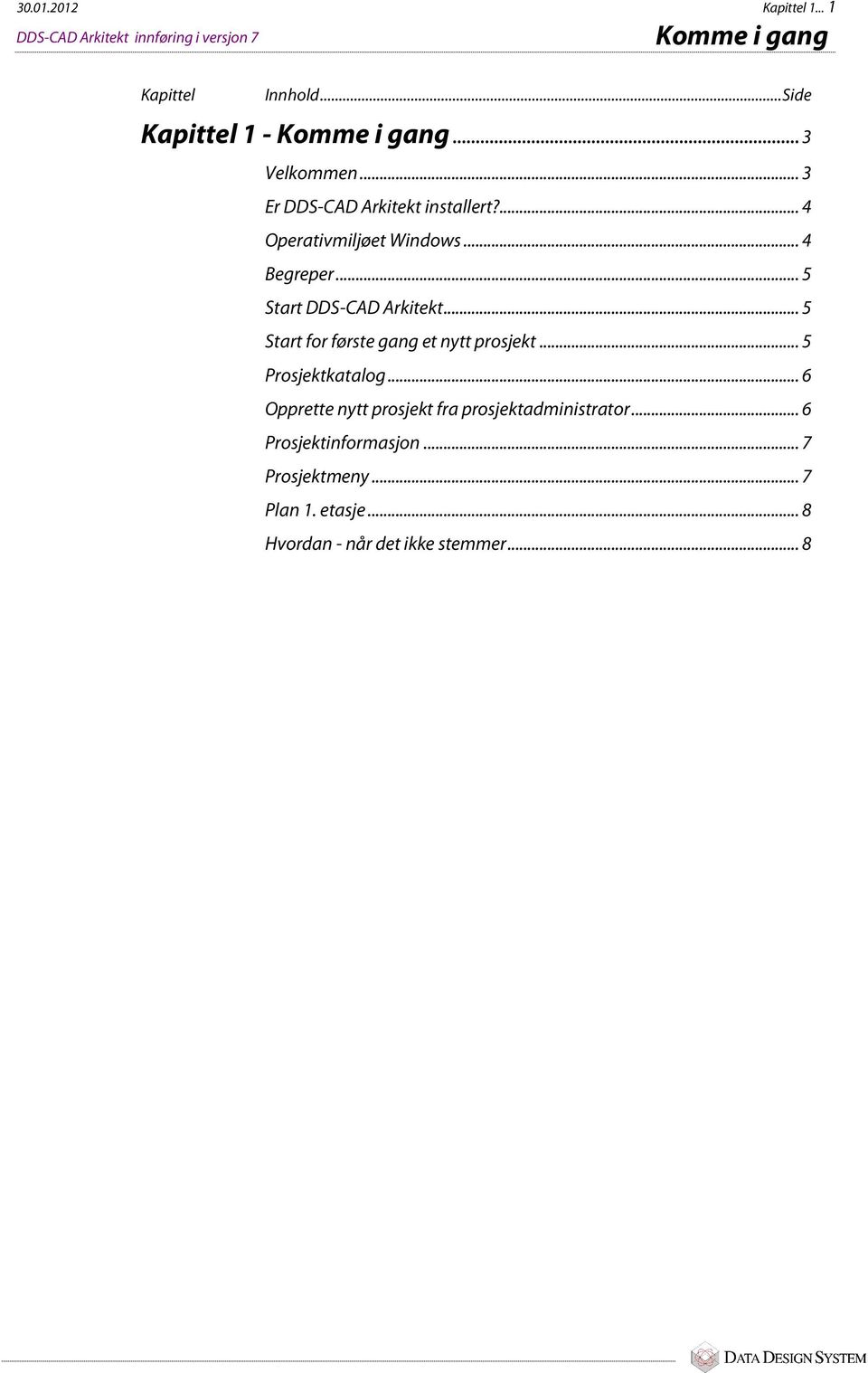 .. 4 Begreper... 5 Start DDS-CAD Arkitekt... 5 Start for første gang et nytt prosjekt... 5 Prosjektkatalog.