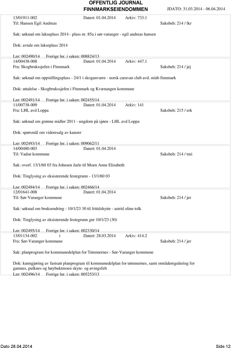 midt-finnmark Dok: uttalelse - Skogbrukssjefen i Finnmark og Kvænangen kommune Lnr: 002491/14 Forrige lnr. i saken: 002455/14 11/00738-009 Datert: 01.04.