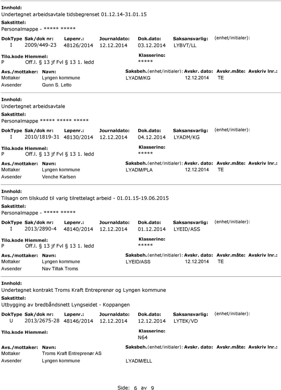 : TE Venche Karlsen Tilsagn om tilskudd til varig tilrettelagt arbeid - 01.01.15-19.06.2015 ersonalmappe - 2013/2890-4 48140/2014 01.12.2014 LYED/S Avs./mottaker: Navn: Saksbeh. Avskr. dato: Avskr.