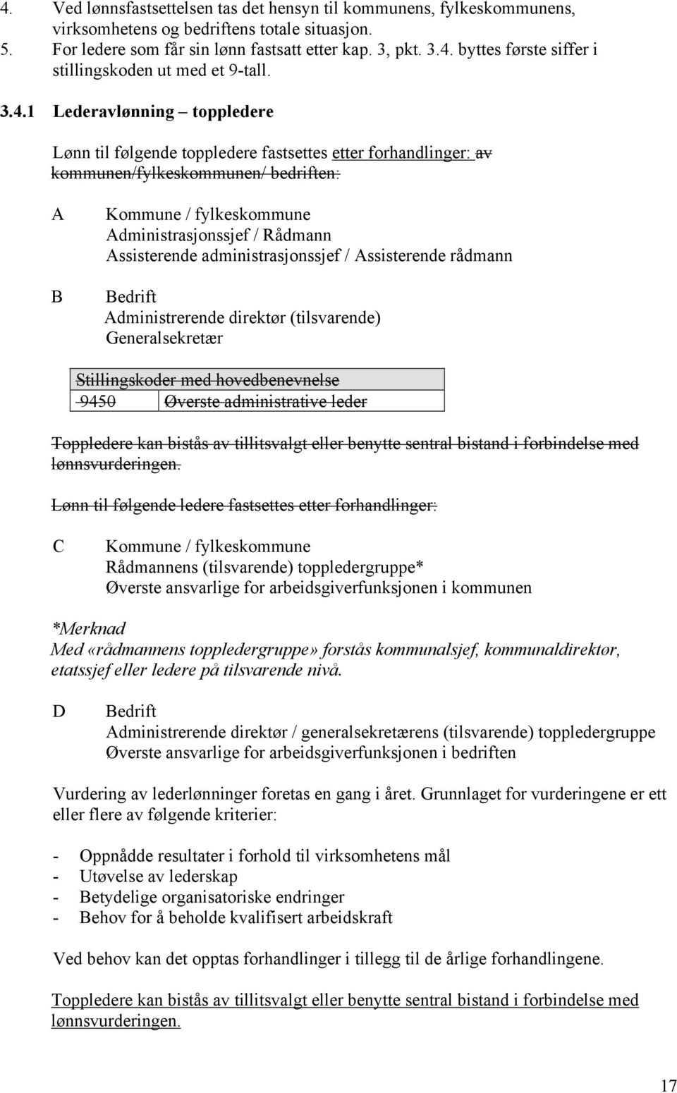 Assisterende administrasjonssjef / Assisterende rådmann Bedrift Administrerende direktør (tilsvarende) Generalsekretær Stillingskoder med hovedbenevnelse 9450 Øverste administrative leder Toppledere