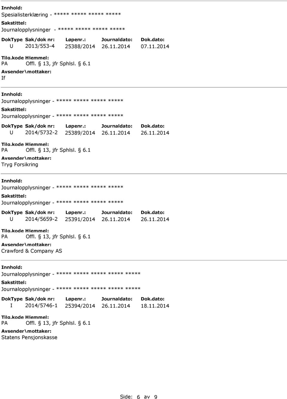 Forsikring Journalopplysninger - Journalopplysninger - 2014/5659-2 25391/2014