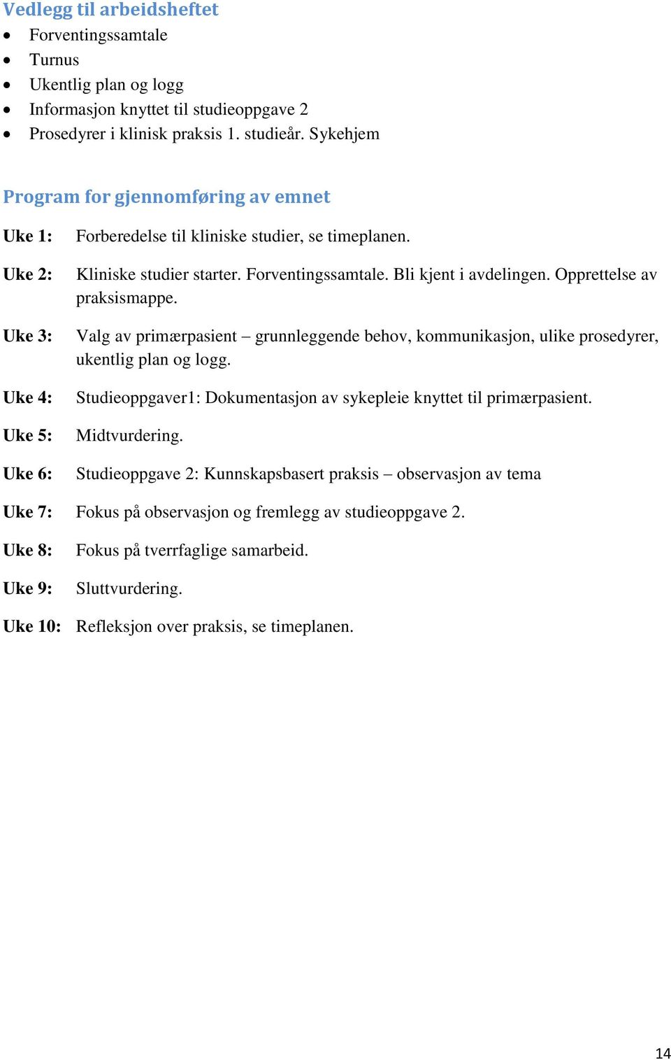 Bli kjent i avdelingen. Opprettelse av praksismappe. Valg av primærpasient grunnleggende behov, kommunikasjon, ulike prosedyrer, ukentlig plan og logg.