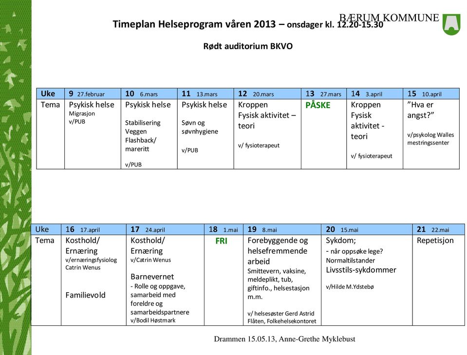 v/pub teori Stabilisering Veggen Flashback/ mareritt v/pub Søvn og søvnhygiene v/pub v/ fysioterapeut Kroppen Fysisk aktivitet - teori v/ fysioterapeut v/psykolog Walles mestringssenter Uke 16 17.