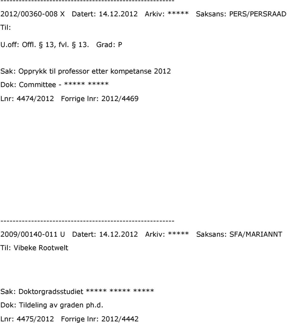 Grad: P Sak: Opprykk til professor etter kompetanse 2012 Dok: Committee - ***** ***** Lnr: 4474/2012