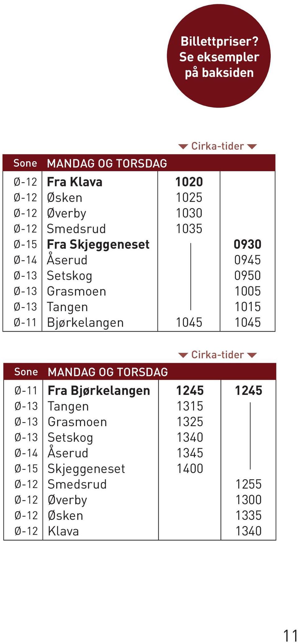 Klava Øsken Øverby Smedsrud Fra Skjeggeneset Åserud Setskog Grasmoen Tangen Bjørkelangen MANDAG OG TORSDAG