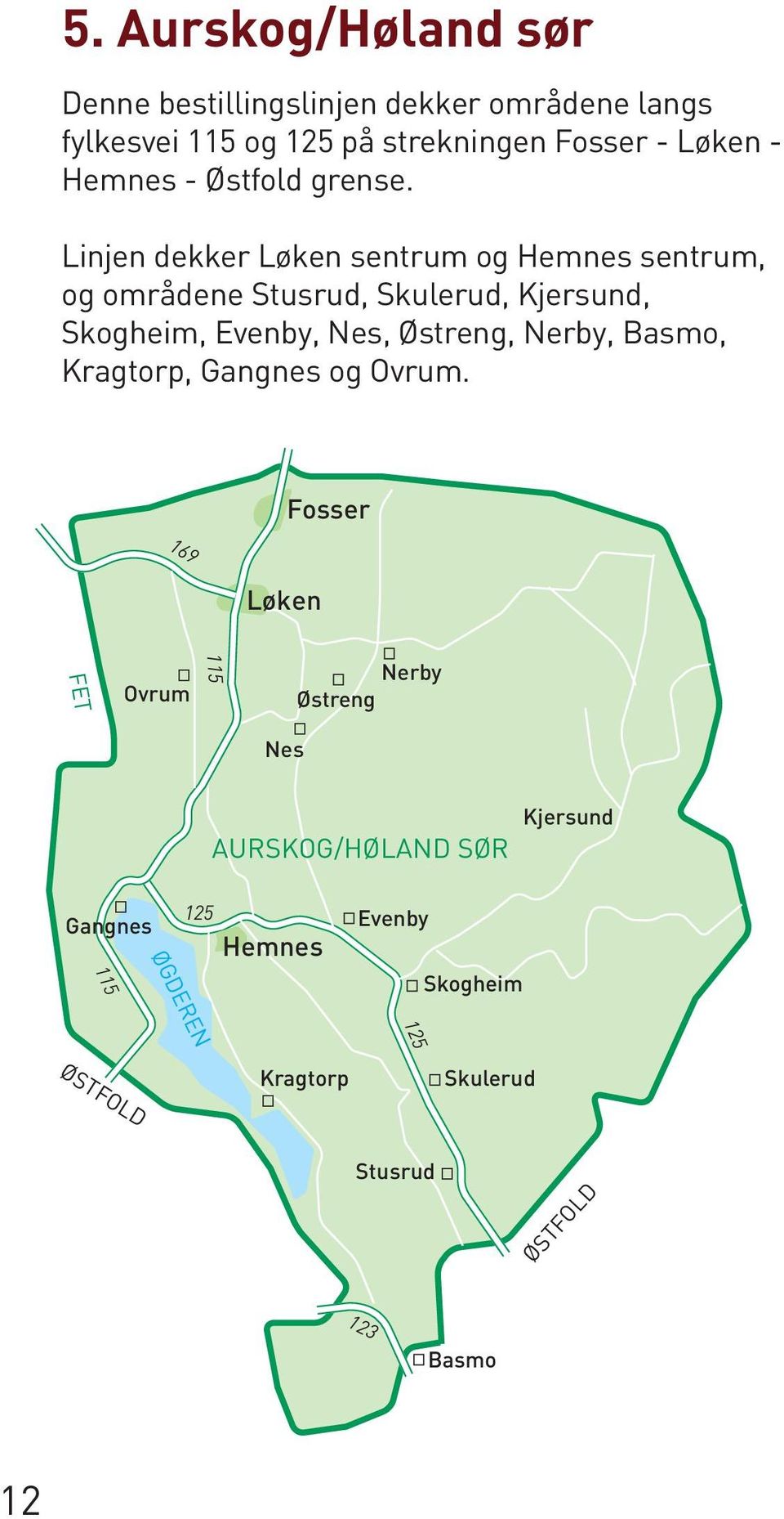 Linjen dekker Løken sentrum og Hemnes sentrum, og områdene Stusrud, Skulerud, Kjersund, Skogheim, Evenby, Nes, Østreng,