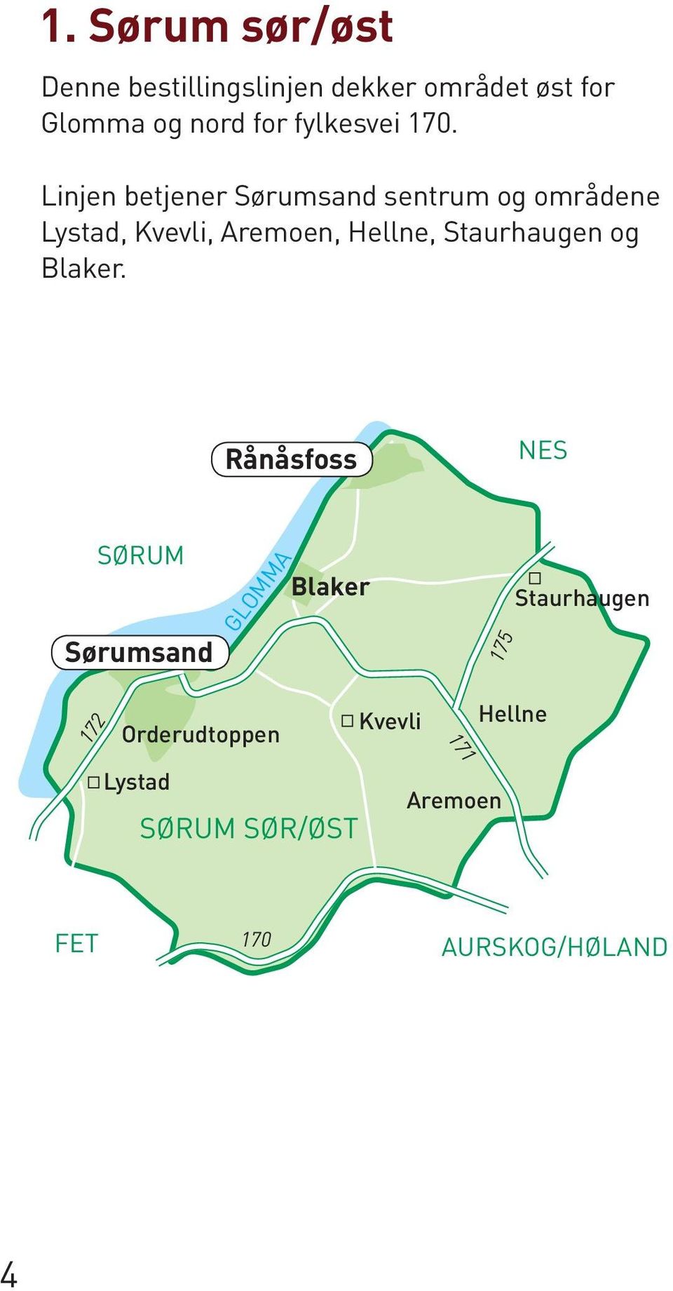 Linjen betjener Sørumsand sentrum og områdene Lystad, Kvevli, Aremoen, Hellne,