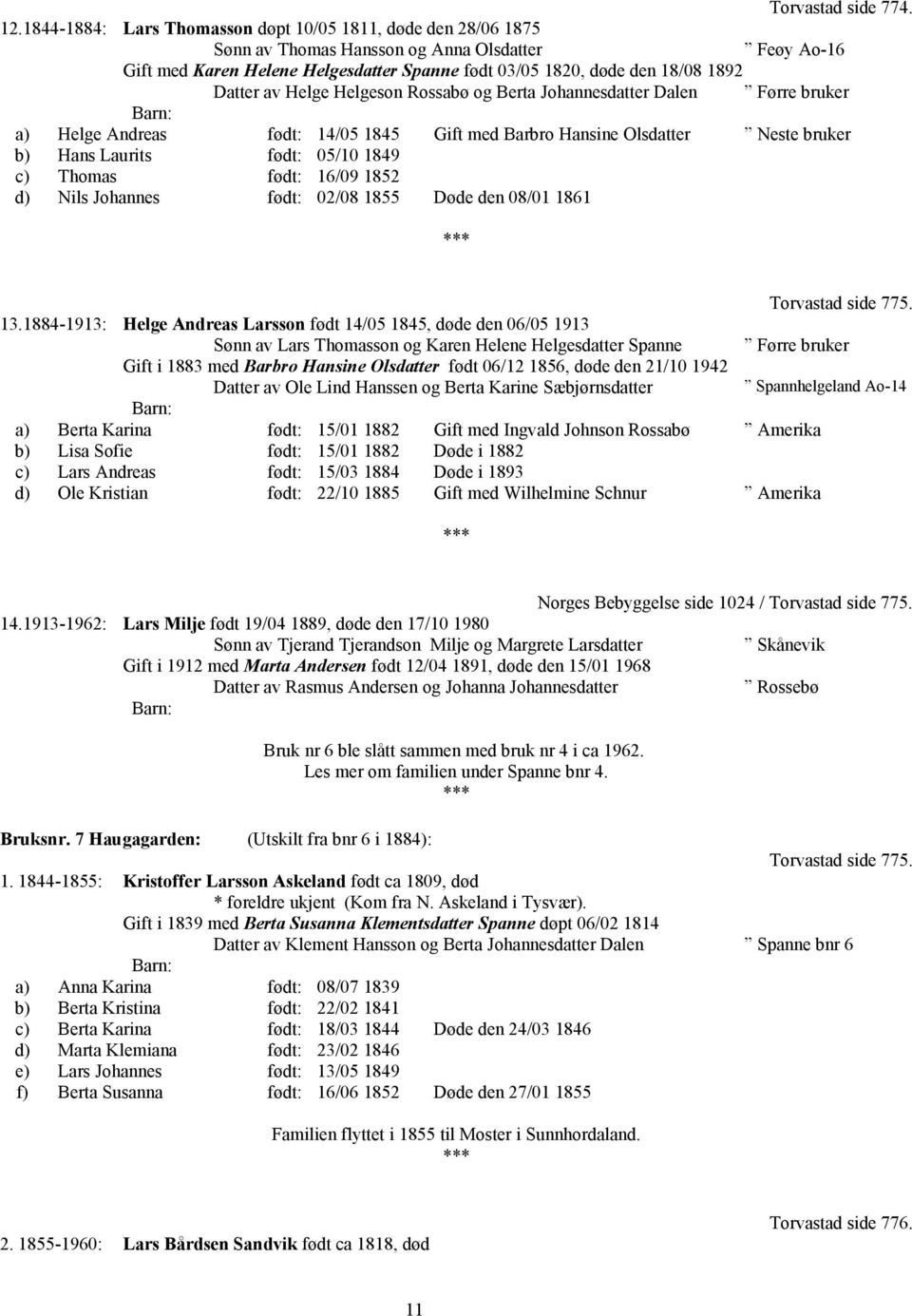 Datter av Helge Helgeson Rossabø og Berta Johannesdatter Dalen a) Helge Andreas født: 14/05 1845 Gift med Barbro Hansine Olsdatter Neste bruker b) Hans Laurits født: 05/10 1849 c) Thomas født: 16/09