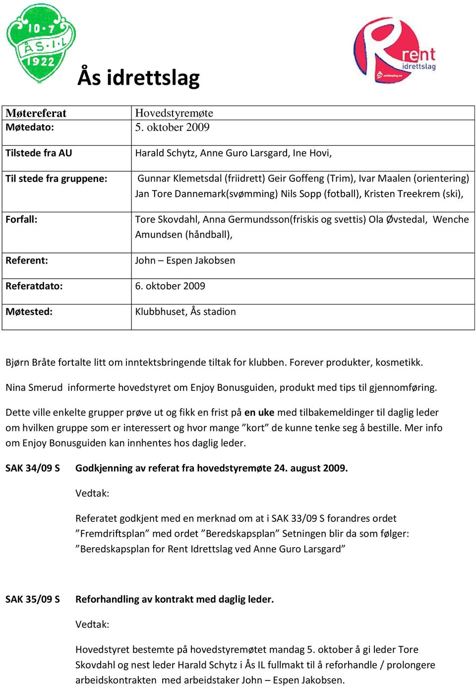 Tore Dannemark(svømming) Nils Sopp (fotball), Kristen Treekrem (ski), Tore Skovdahl, Anna Germundsson(friskis og svettis) Ola Øvstedal, Wenche Amundsen (håndball), John Espen Jakobsen Referatdato: 6.