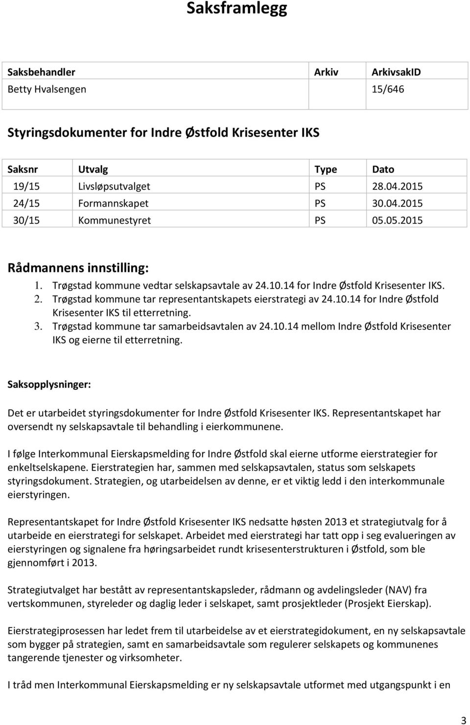 3. Trøgstad kommune tar samarbeidsavtalen av 24.10.14 mellom Indre Østfold Krisesenter IKS og eierne til etterretning.