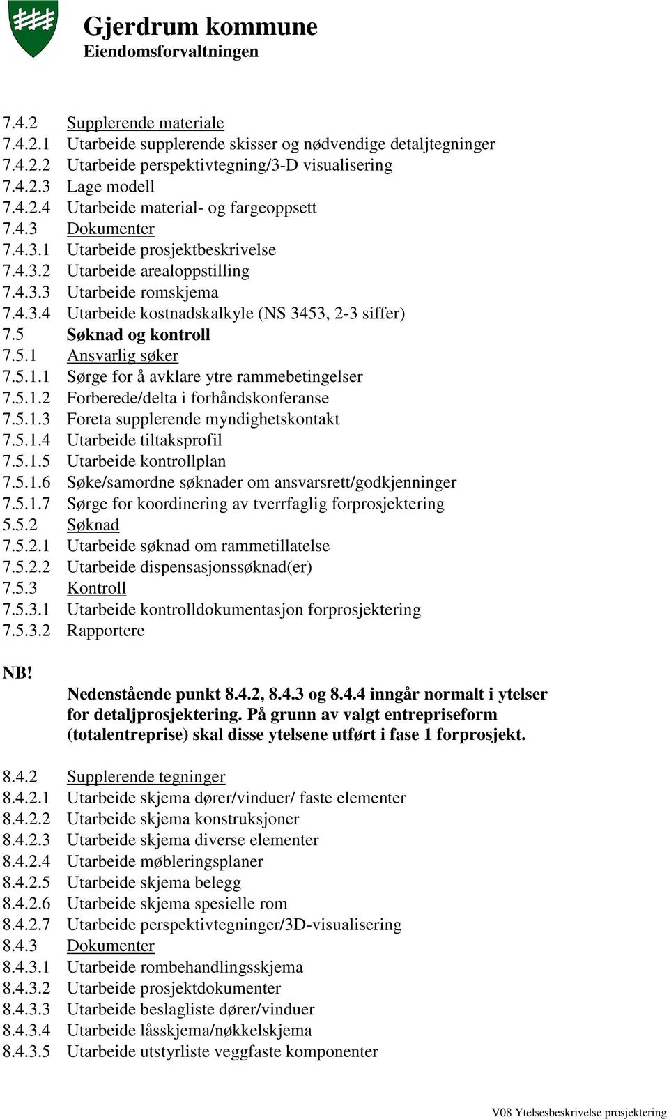 5.1.1 Sørge for å avklare ytre rammebetingelser 7.5.1.2 Forberede/delta i forhåndskonferanse 7.5.1.3 Foreta supplerende myndighetskontakt 7.5.1.4 Utarbeide tiltaksprofil 7.5.1.5 Utarbeide kontrollplan 7.