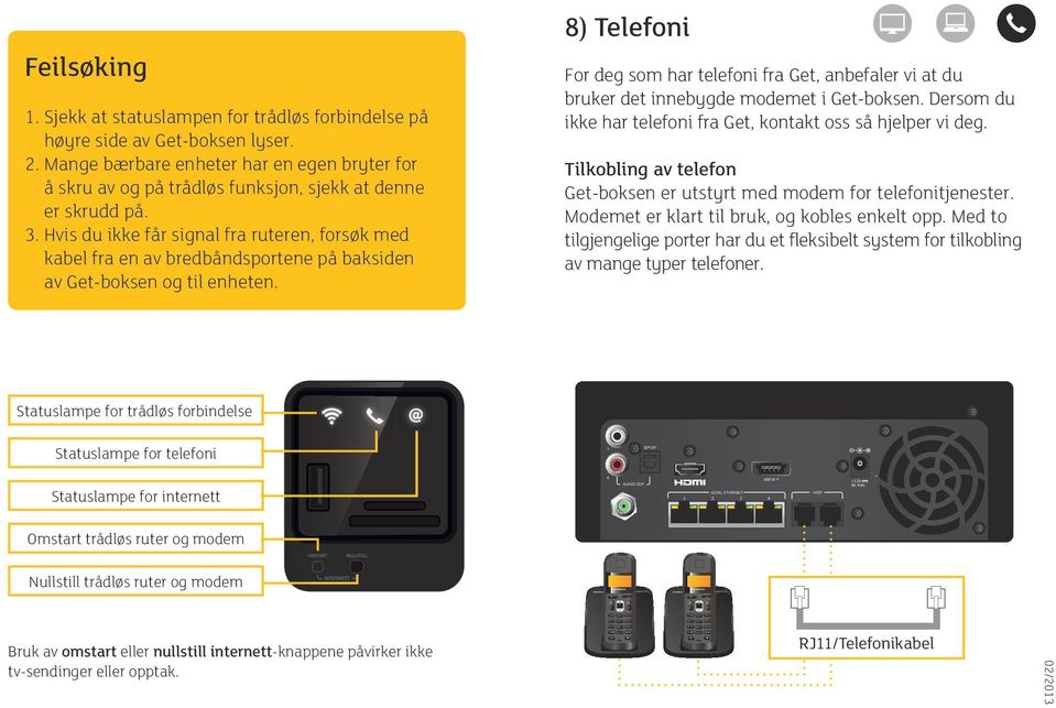 Hvis du ikke får signal fra ruteren, forsøk med kabel fra en av bredbåndsportene på baksiden av Get-boksen og til enheten.