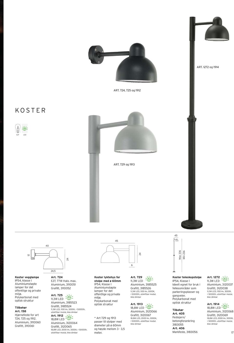 725 11,3W LED Aluminium, 3185523 Grafitt, 3185524 11,3W LED, 1100 lm, 3000K, < 50000h, utskiftbar modul, Art.