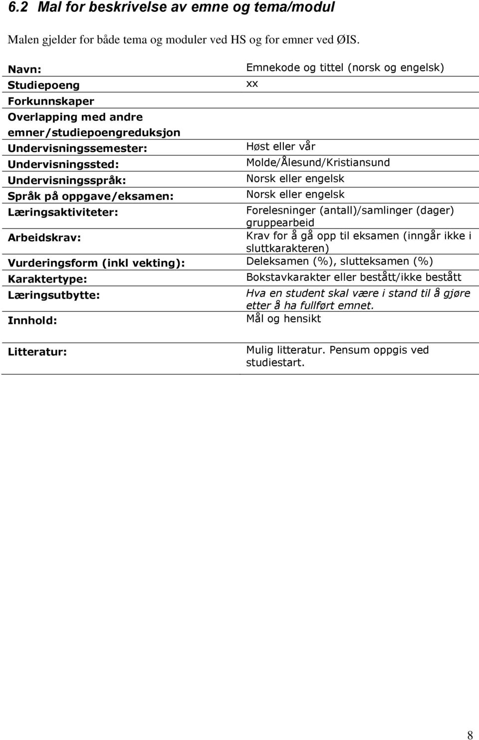 Molde/Ålesund/Kristiansund Undervisningsspråk: Norsk eller engelsk Språk på oppgave/eksamen: Norsk eller engelsk Læringsaktiviteter: Forelesninger (antall)/samlinger (dager) gruppearbeid Arbeidskrav: