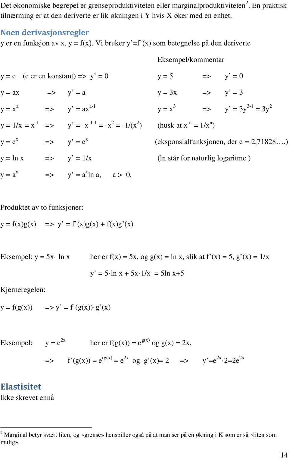 Vi bruker y =f () som betegnelse på den deriverte Eksempel/kommentar y = c (c er en konstant) => y = 0 y = 5 => y = 0 y = a => y = a y = 3 => y = 3 y = a => y = a a- y = 3 => y = 3y 3- = 3y 2 y = / =