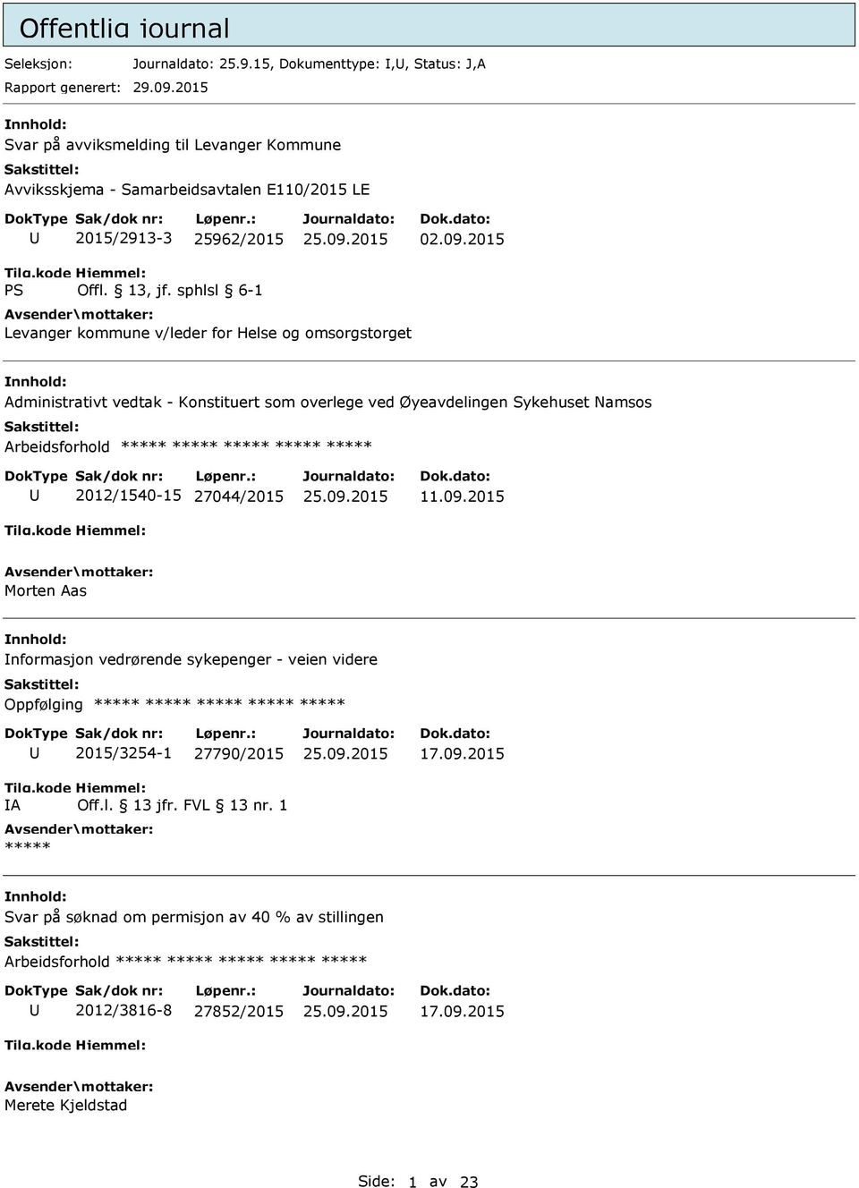 2015 Levanger kommune v/leder for Helse og omsorgstorget Administrativt vedtak - Konstituert som overlege ved Øyeavdelingen Sykehuset Namsos 2012/1540-15