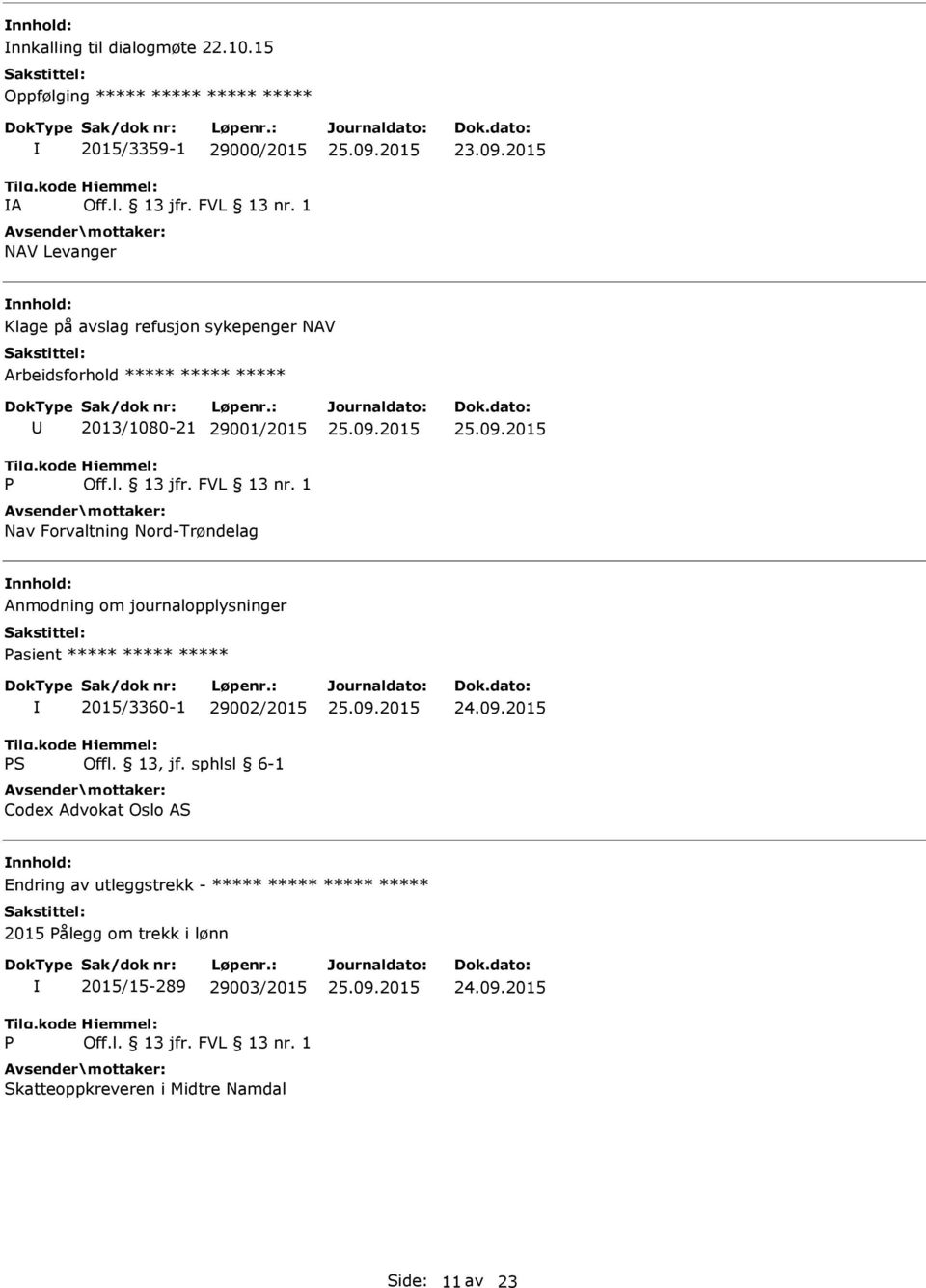 Arbeidsforhold ***** ***** ***** P 2013/1080-21 29001/2015 Nav Forvaltning Nord-Trøndelag Anmodning om journalopplysninger