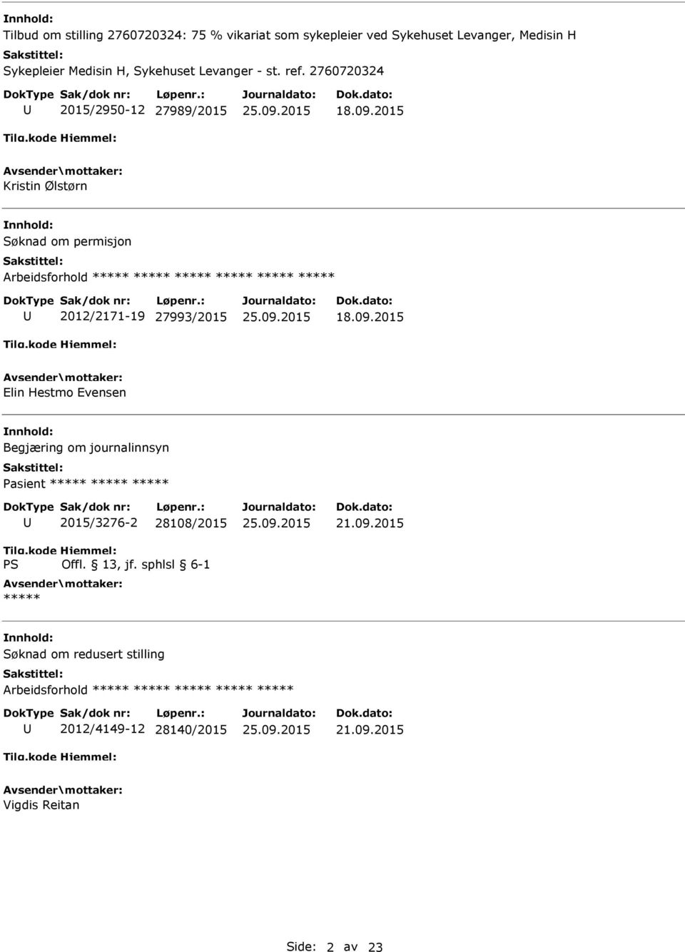 2015 Kristin Ølstørn Søknad om permisjon ***** 2012/2171-19 27993/2015 18.09.