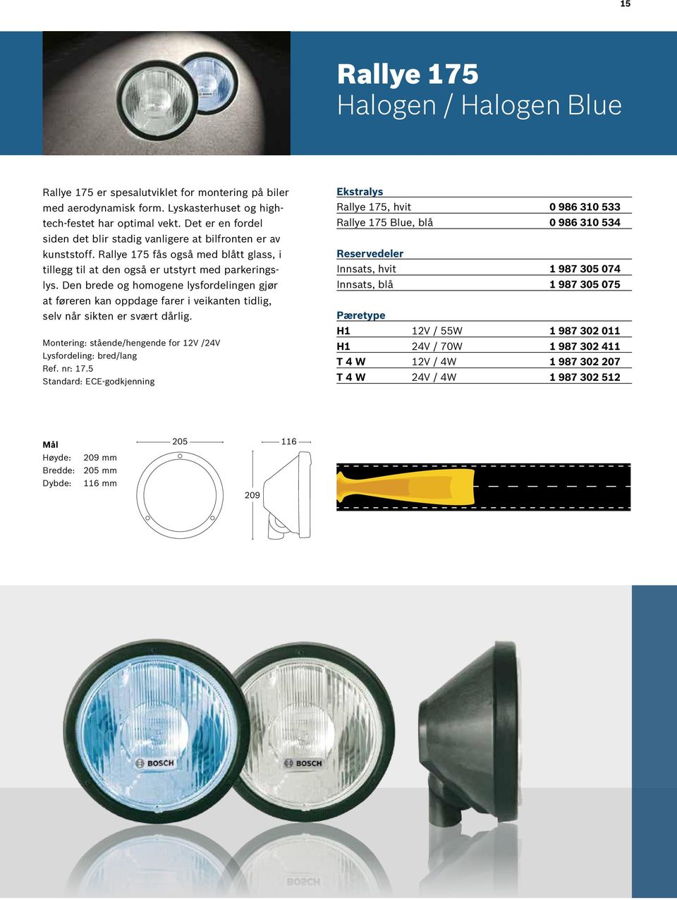 Den brede og homogene lysfordelingen gjør at føreren kan oppdage farer i veikanten tidlig, selv når sikten er svært dårlig. Montering: stående/hengende for 12V /24V Ref. nr: 17.