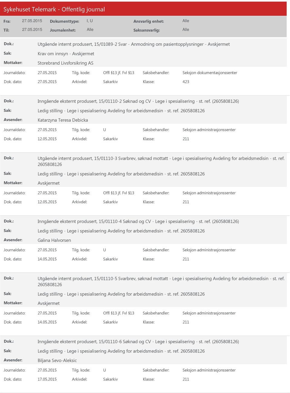 08126) Katarzyna Teresa Debicka Dok. dato: 12.05.2015 Arkivdel: Sakarkiv tgående internt produsert, 15/01110-3 Svarbrev, søknad mottatt - Lege i spesialisering Avdeling for arbeidsmedisin - st. ref.