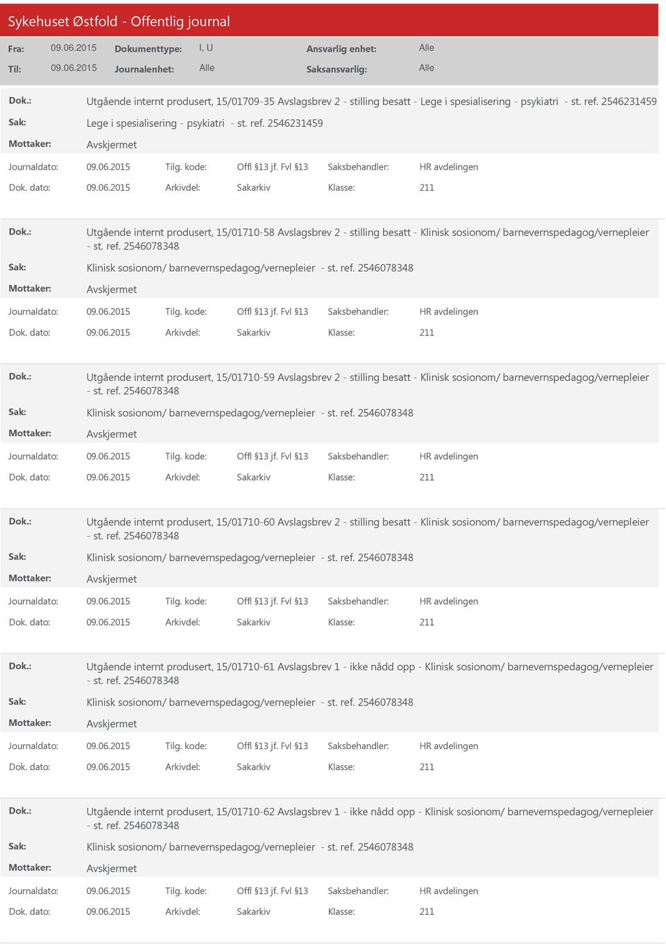 dato: Arkivdel: Sakarkiv tgående internt produsert, 15/01710-59 Avslagsbrev 2 - stilling besatt - Klinisk sosionom/ barnevernspedagog/vernepleier Klinisk sosionom/ barnevernspedagog/vernepleier Dok.