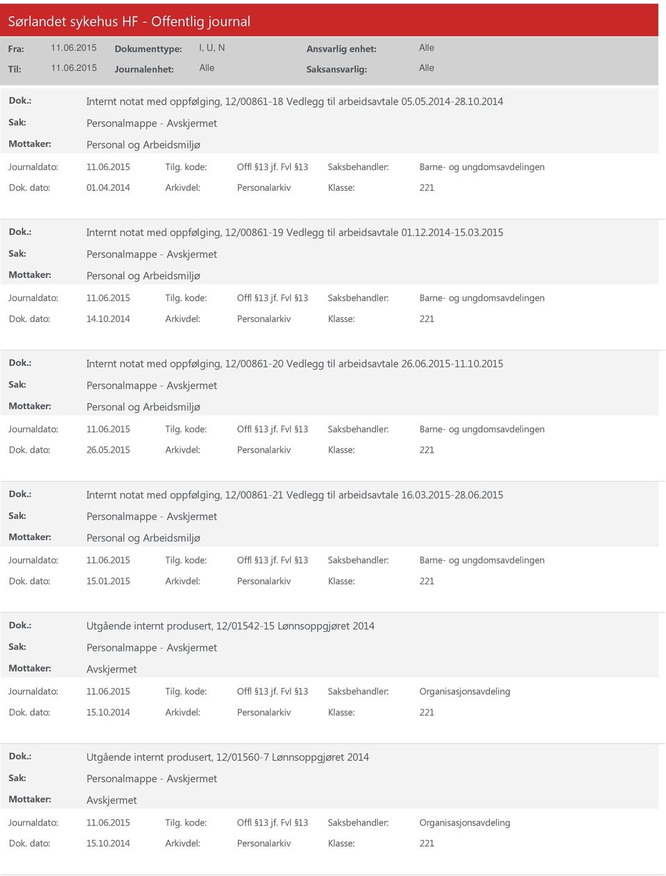 2014 Arkivdel: Personalarkiv Internt notat med oppfølging, 12/00861-20 Vedlegg til arbeidsavtale 26.06.2015-11.10.2015 Personalmappe - Barne- og ungdomsavdelingen Dok. dato: 26.05.