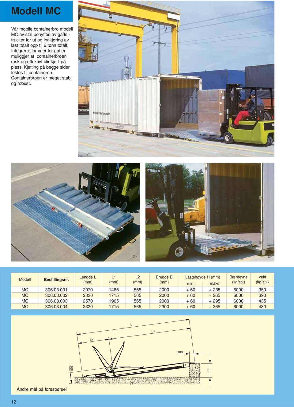 Containerbroen er meget stabil og robust. engde 1 2 astehøyde H MC 306.03.001 2070 1465 565 2000 + 60 + 235 6000 350 MC 306.03.002 2320 1715 565 2000 + 60 + 265 6000 390 MC 306.