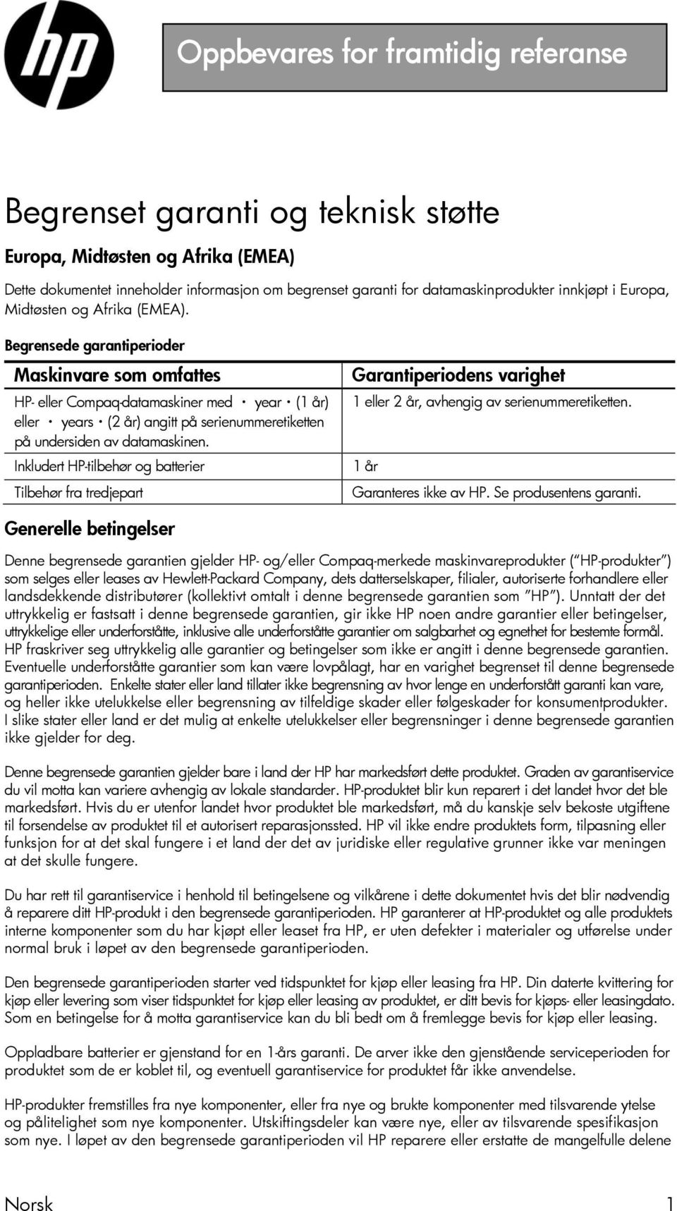 Begrensede garantiperioder Maskinvare som omfattes HP- eller Compaq-datamaskiner med year (1 år) eller years (2 år) angitt på serienummeretiketten på undersiden av datamaskinen.