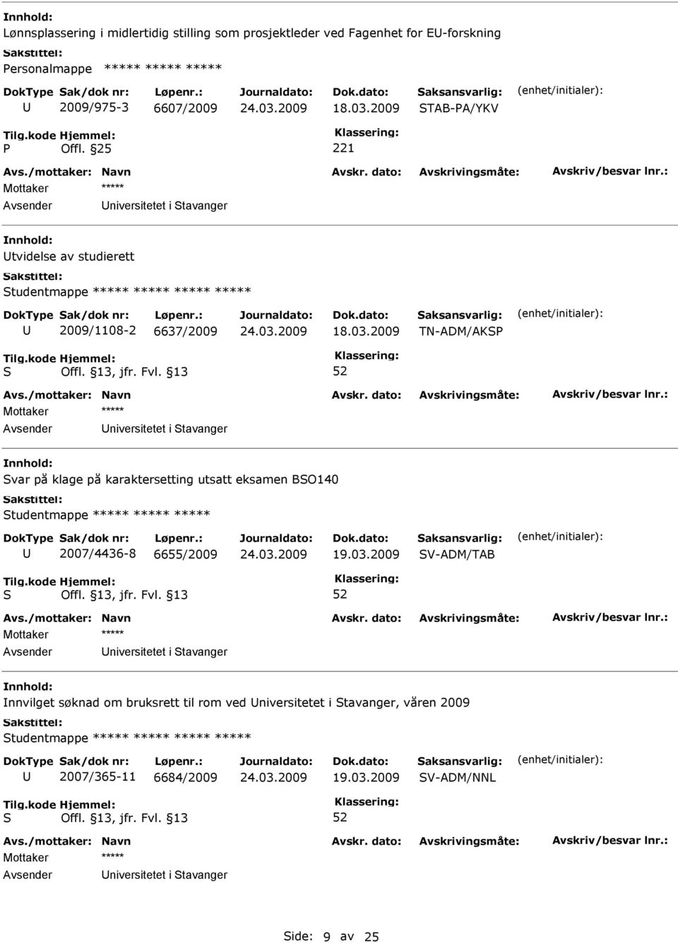 2009 TN-ADM/AKP niversitetet i tavanger var på klage på karaktersetting utsatt eksamen BO140 tudentmappe ***** ***** ***** 2007/4436-8 6655/2009 19.03.