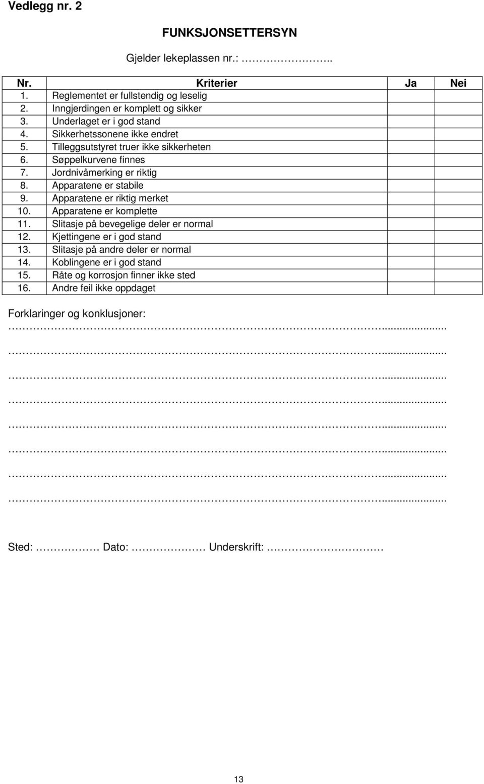 Tilleggsutstyret truer ikke sikkerheten 6. Søppelkurvene finnes 7. Jordnivåmerking er riktig 8. Apparatene er stabile 9. Apparatene er riktig merket 10.