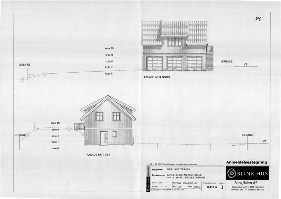 55, SØGNE KOMMUNE Utg.pkt: 12.11.12 sten. BRF Tegningen er beskyttet thr. tov orn opphavsrett. Type bygg: GARASJE M LEIL Dat0: 23.11.12 Prosjekt nummer: 154120 Ark nr.
