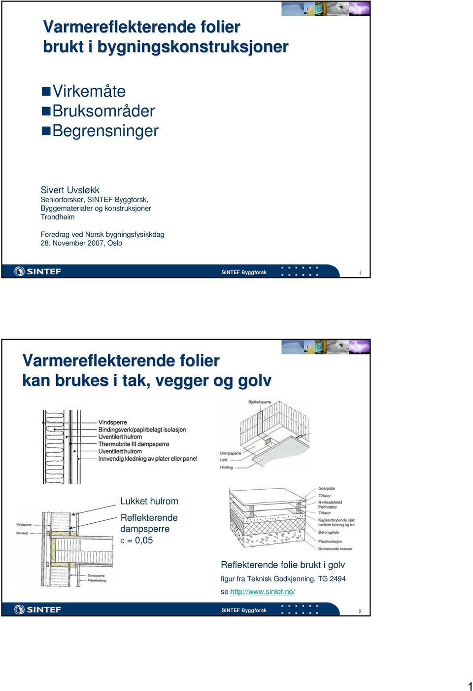 November 2007, Oslo 1 Varmereflekterende folier kan brukes i tak, vegger og golv Lukket hulrom Reflekterende