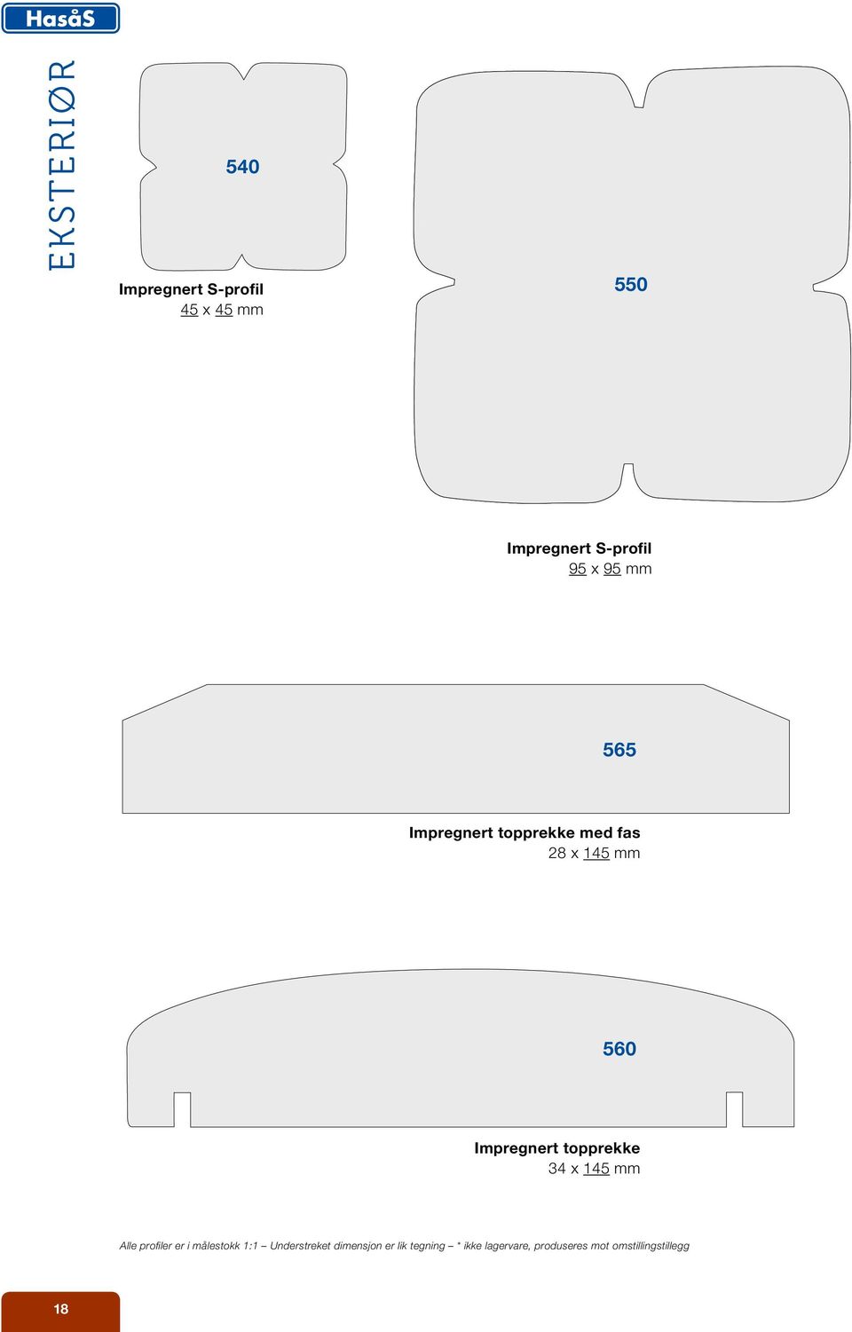 topprekke 34 x 145 mm Alle profiler er i målestokk 1:1 Understreket