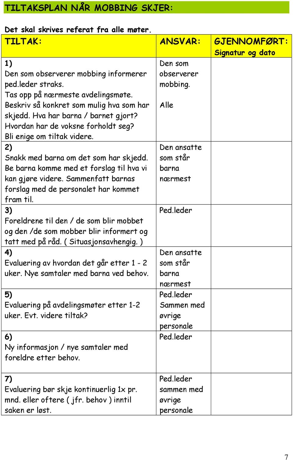 2) Snakk med barna om det som har skjedd. Be barna komme med et forslag til hva vi kan gjøre videre. Sammenfatt barnas forslag med de personalet har kommet fram til.