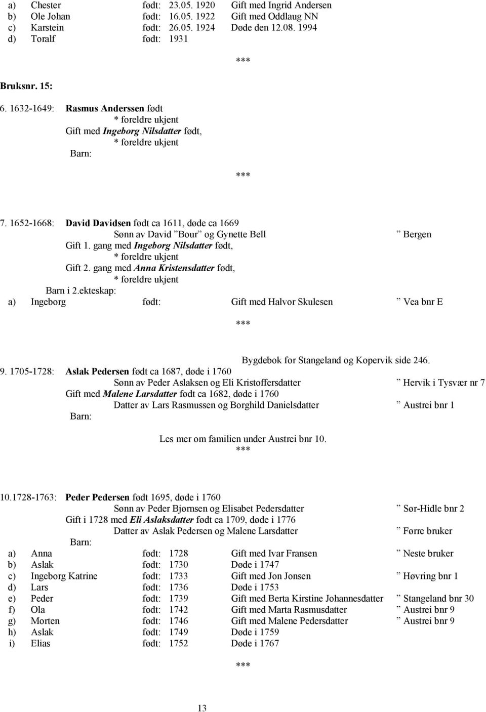 1652-1668: David Davidsen født ca 1611, døde ca 1669 David Bour og Gynette Bell Bergen Gift 1. gang med Ingeborg Nilsdatter født, * foreldre ukjent Gift 2.