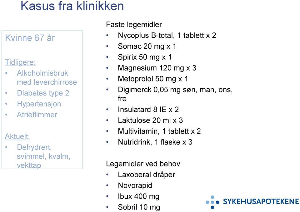 x 1 Magnesium 120 mg x 3 Metoprolol 50 mg x 1 Digimerck 0,05 mg søn, man, ons, fre Insulatard 8 IE x 2 Laktulose 20 ml x 3