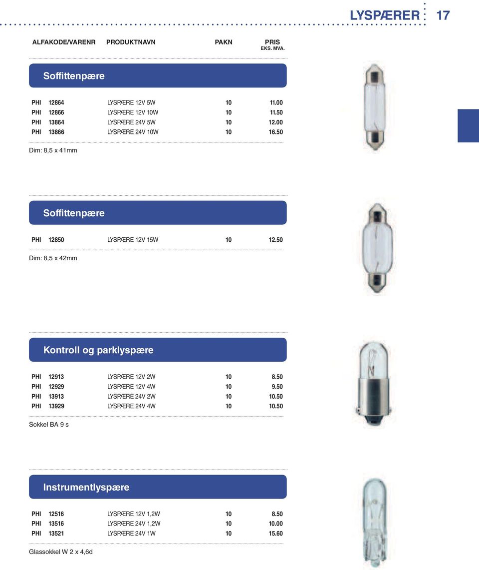 50 Dim: 8,5 x 42mm Kontroll og parklyspære PHI 12913 LYSPÆRE 12V 2W 10 8.50 PHI 12929 LYSPÆRE 12V 4W 10 9.50 PHI 13913 LYSPÆRE 24V 2W 10 10.