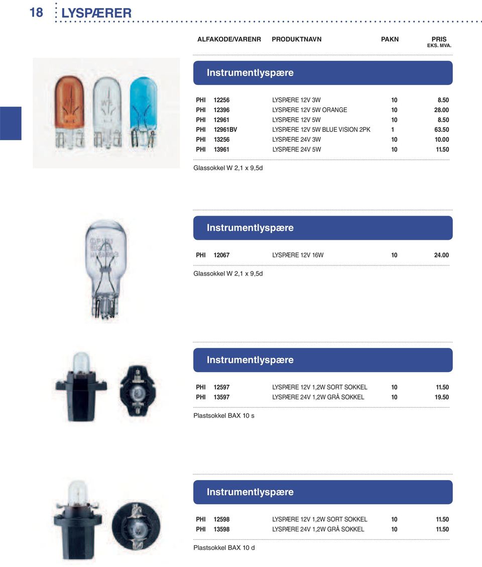 50 Glassokkel W 2,1 x 9,5d Instrumentlyspære PHI 12067 LYSPÆRE 12V 16W 10 24.